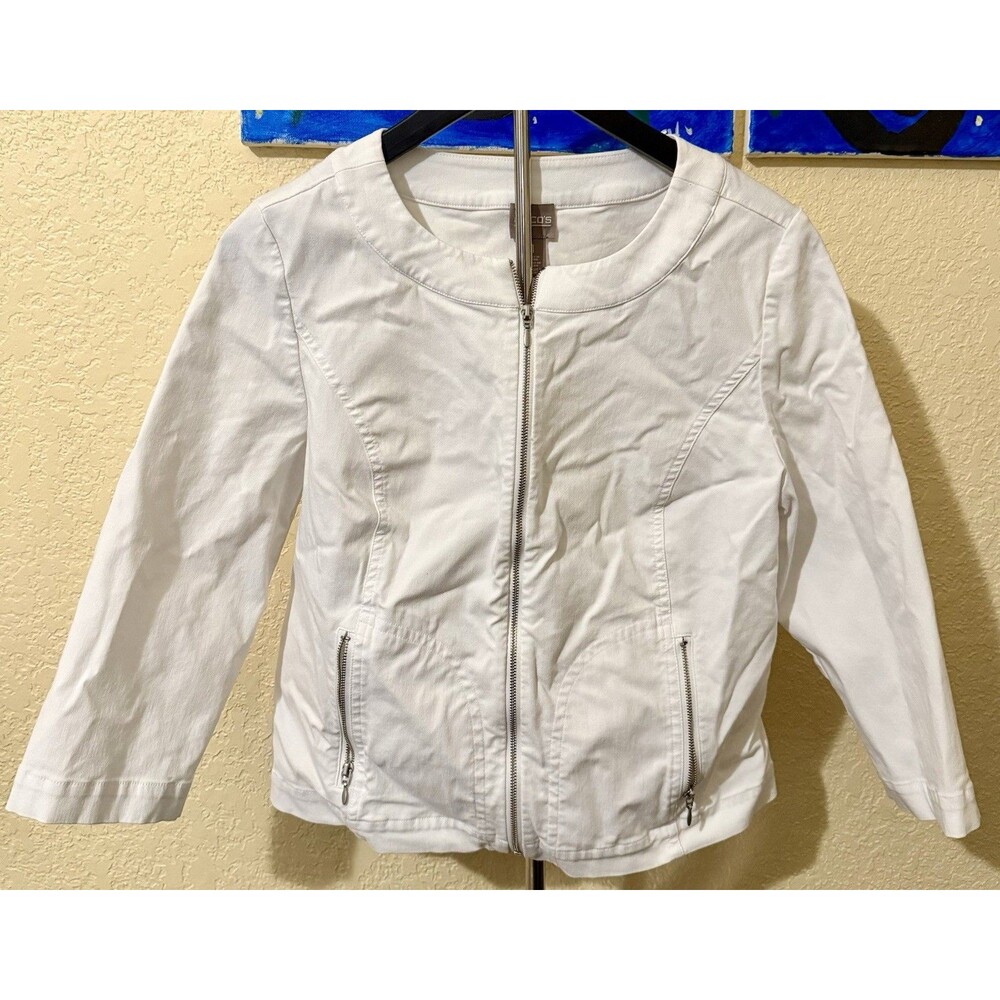 Chico's Women's Size 1 M 8 White Stretch Jacket Full Zip Collarless Pockets